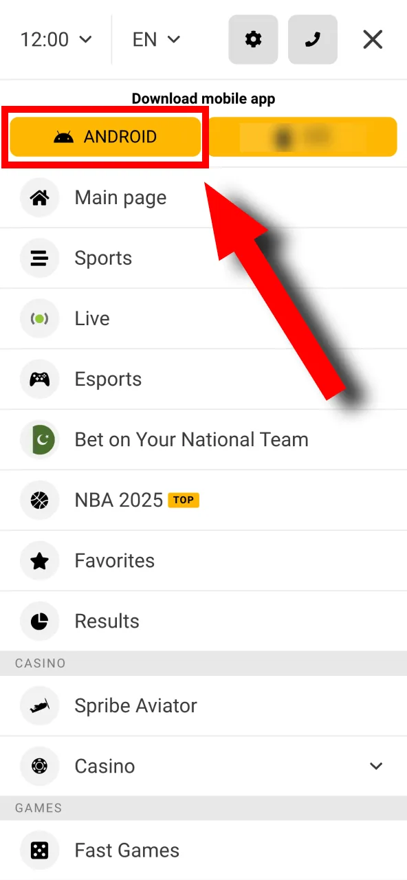 Open the menu, tap the orange Android button to download Melbet.