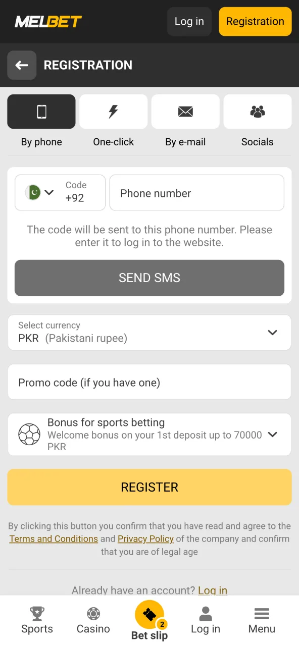 Create your Melbet account by filling in the registration fields.
