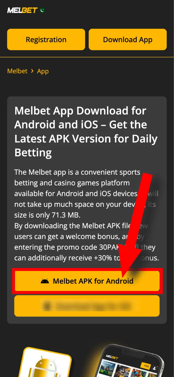 Orange button to download and install the Melbet APK.