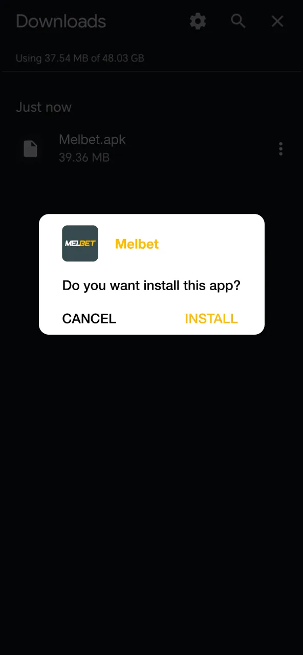 Begin the Melbet app installation by tapping the downloaded APK file.