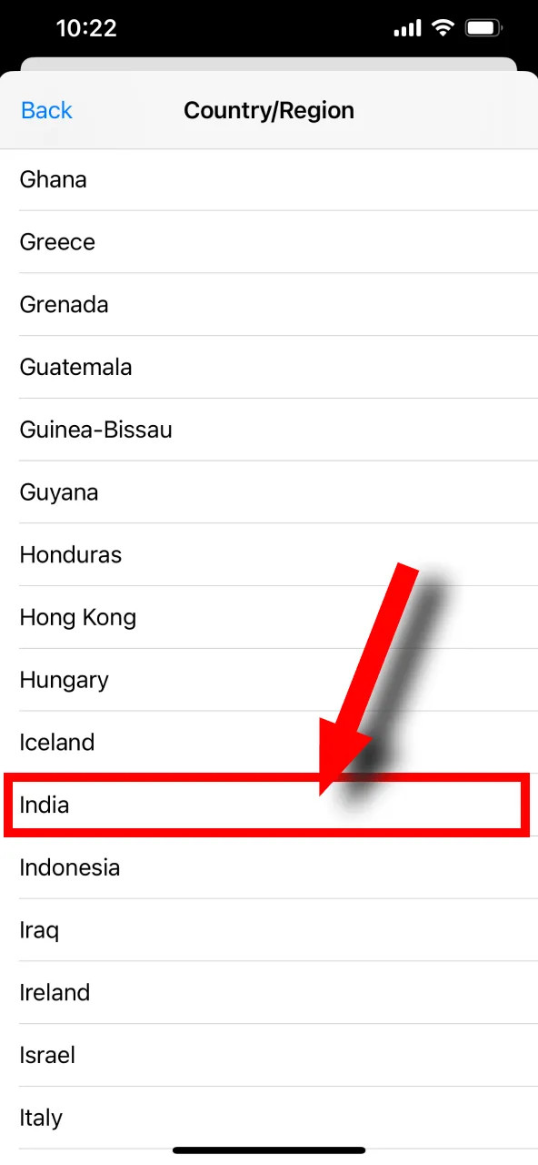 Scroll through the list and select 'India' for your Melbet account settings.