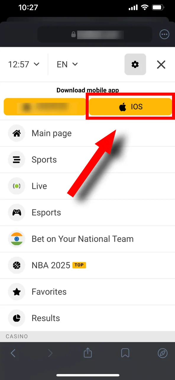 Open the menu and press the iOS button to install the Melbet app.