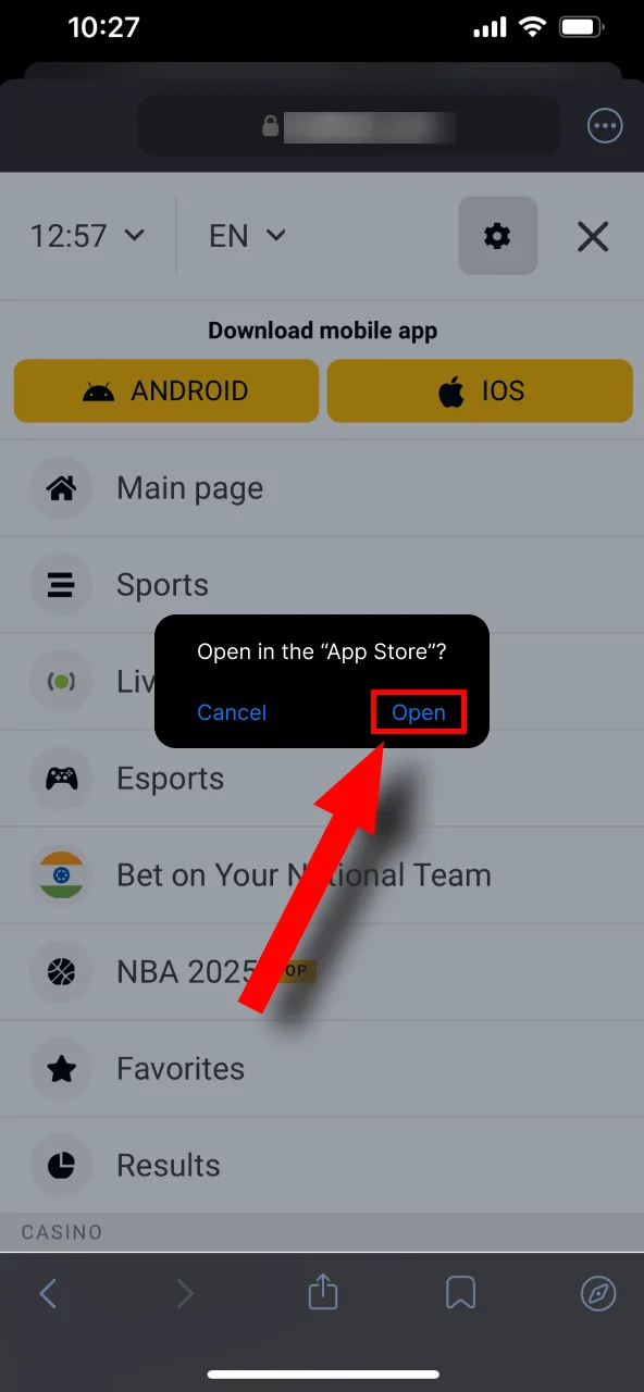 Click confirm to continue to the Melbet app page on the App Store.