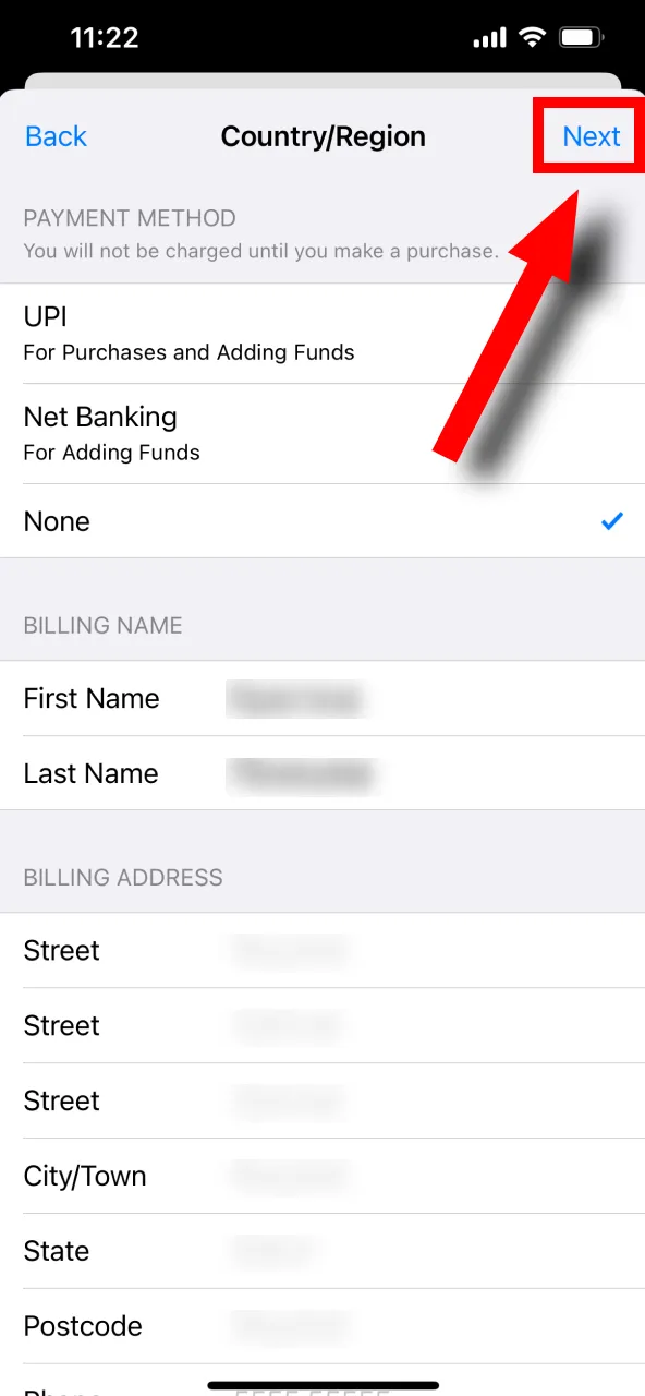 Tap the 'Next' button in the top-right corner to save your details on Melbet.