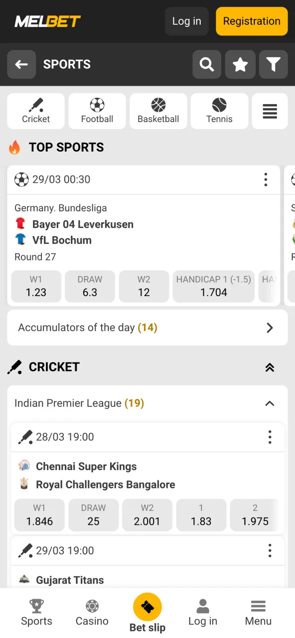 Sports betting options on Melbet, covering various events.