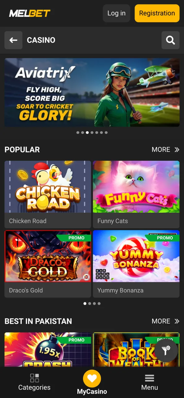 Various casino games available on Melbet, including slots, poker, and more.