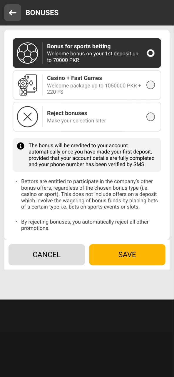 Decide between a sports betting or casino bonus as your first deposit reward on Melbet.