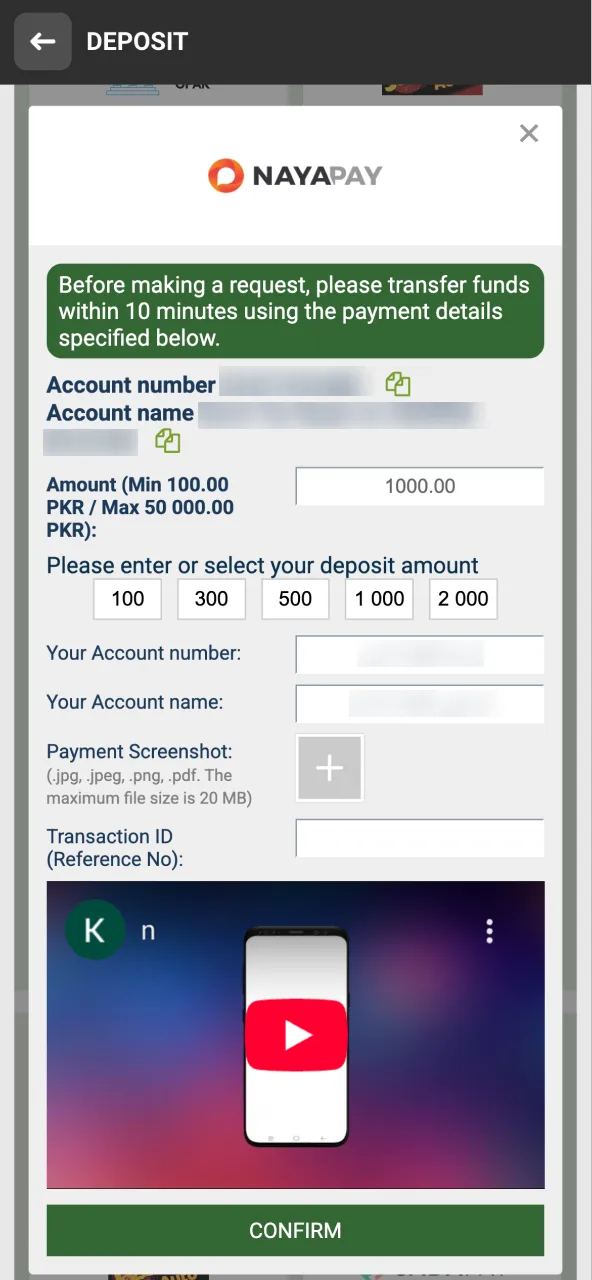 Fill in all necessary information to confirm your transaction for Melbet.