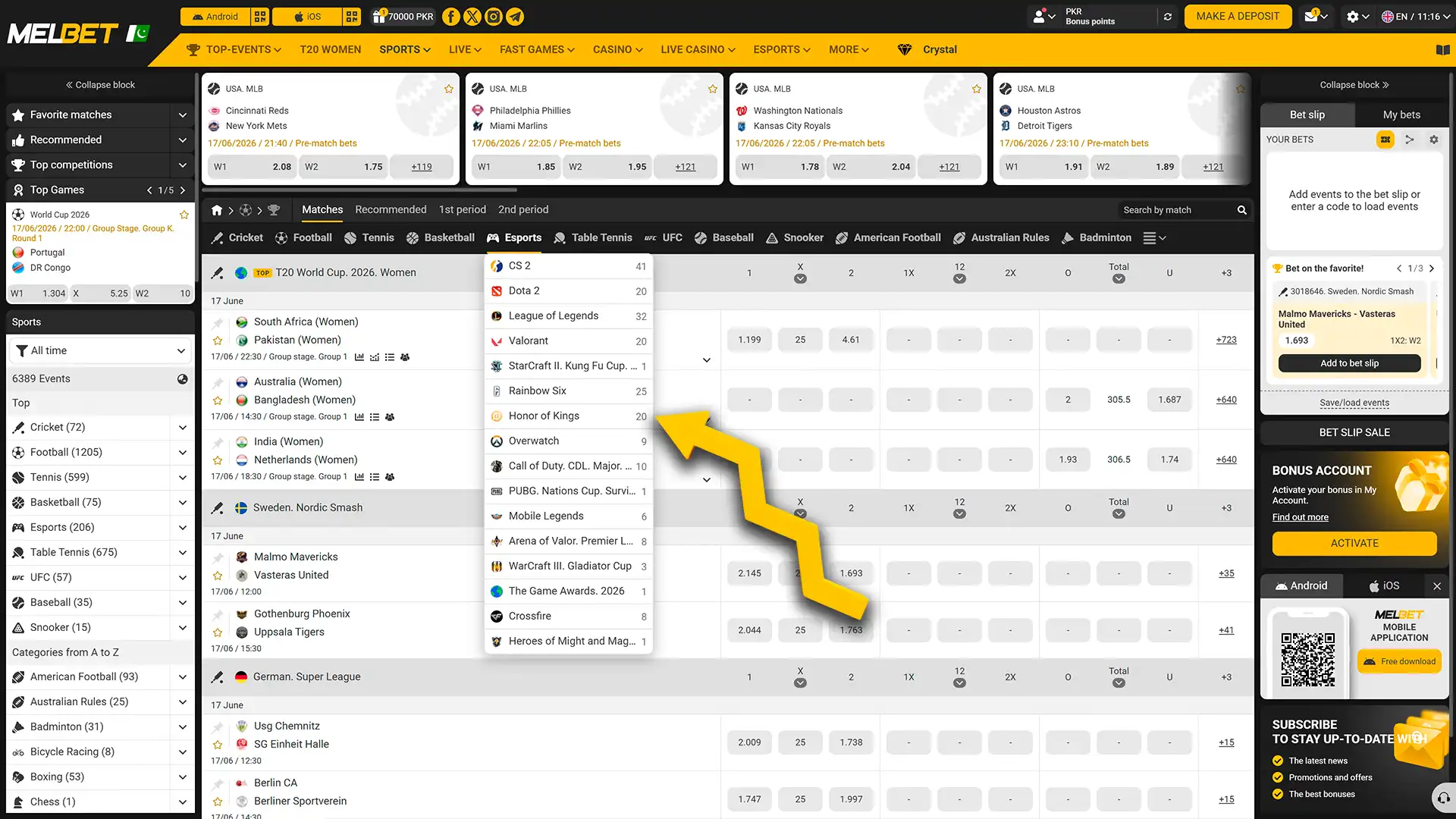 Select an eSports title and tournament on the Melbet website.