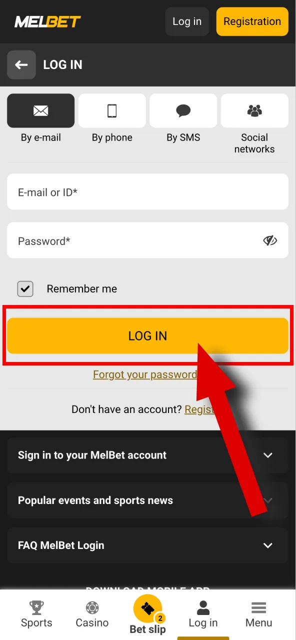 Confirm your login details to access your Melbet profile online.