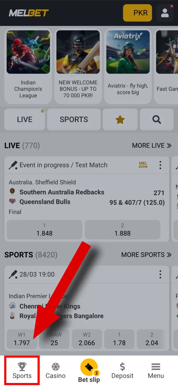 Navigate to Melbet's main menu and select the 'SPORT' section.