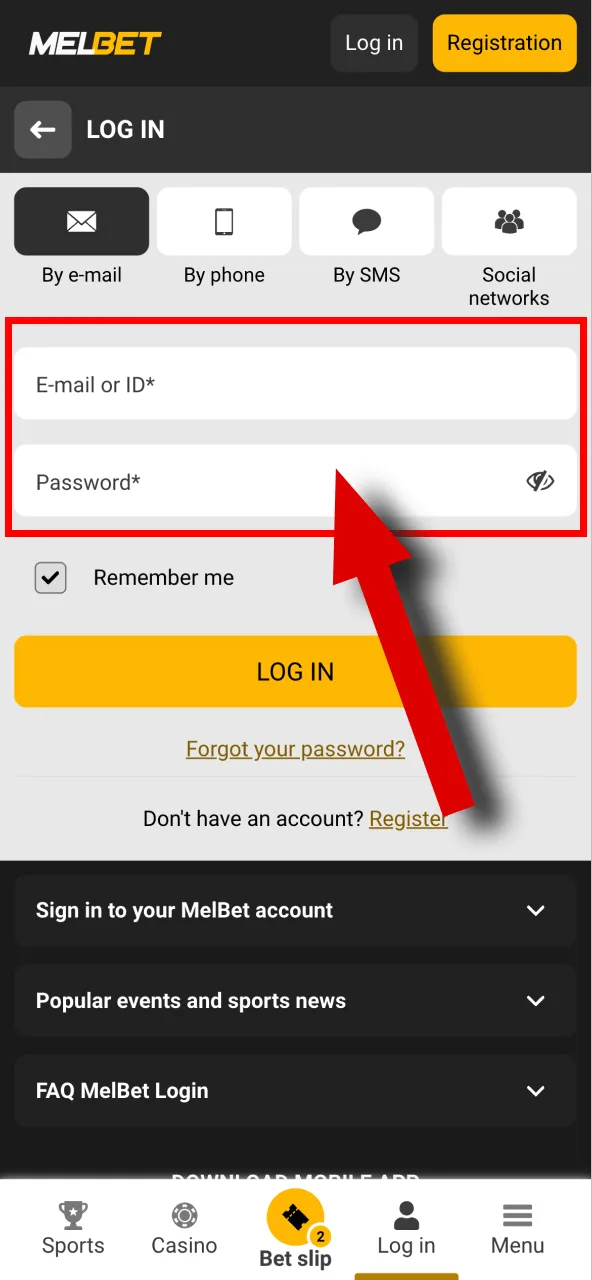 Enter your Melbet login and password to access your account