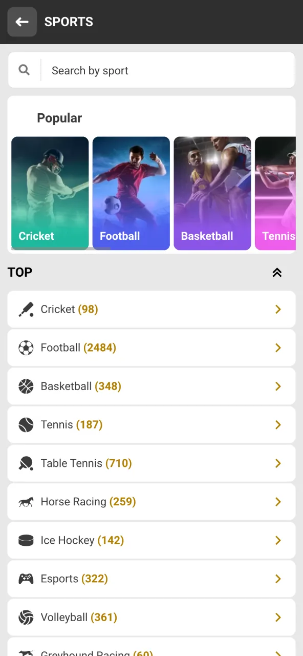 Choose your preferred sport for betting in the Melbet menu.