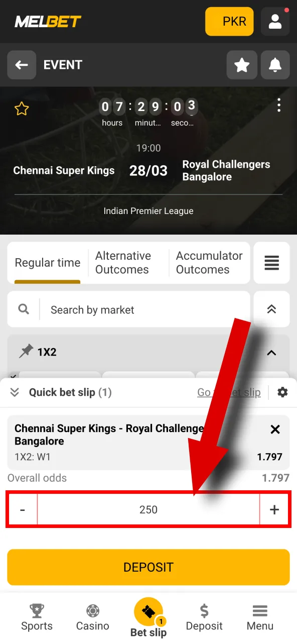 Input your desired wager amount for betting on Melbet.