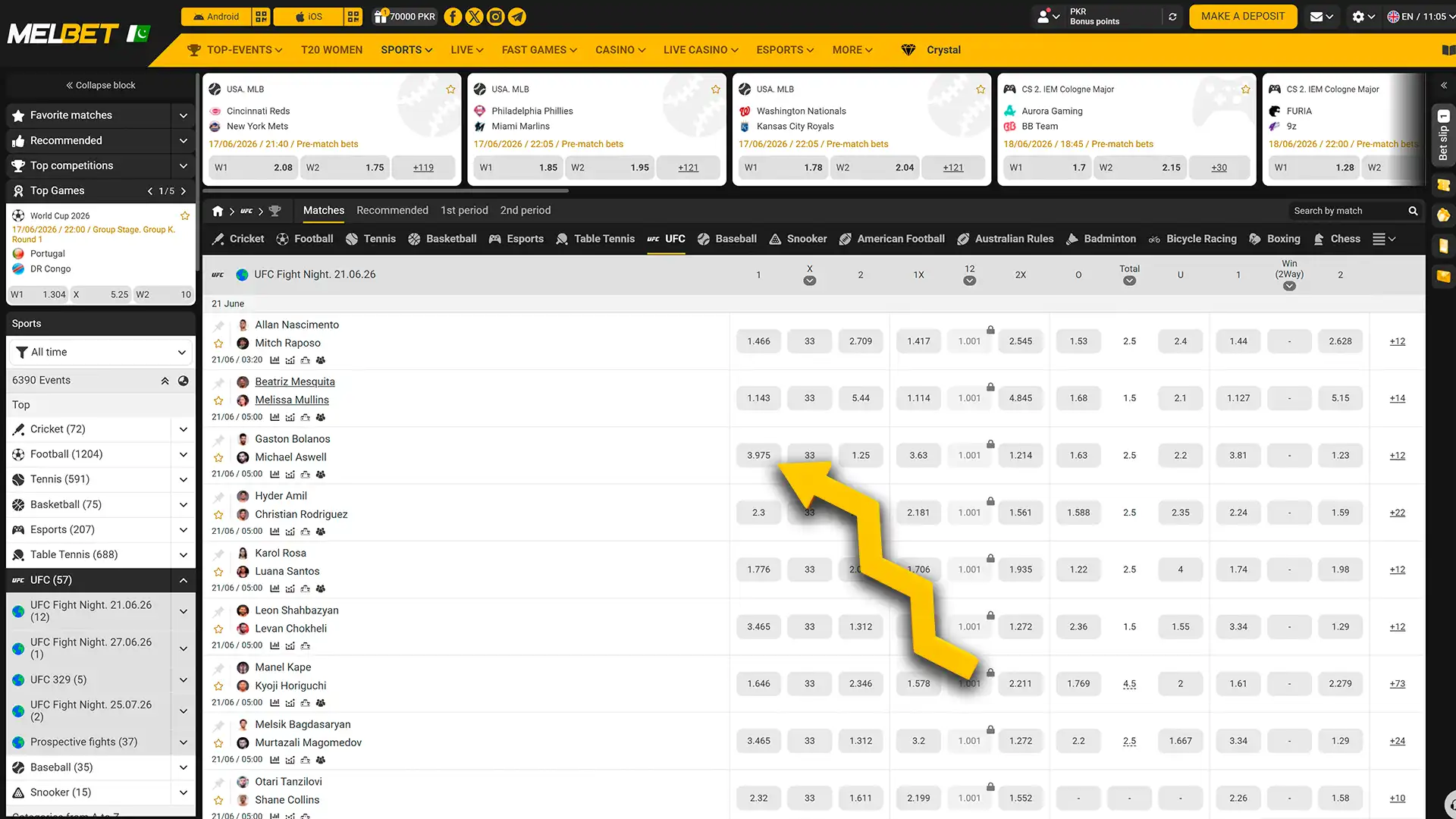 Choose your preferred betting market on the Melbet website.