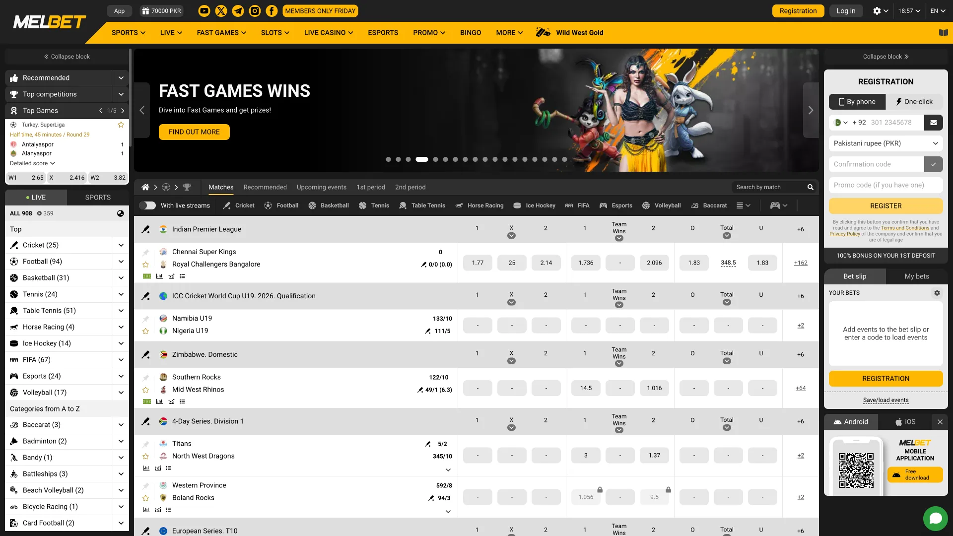 Main screen of the Melbet website for the desktop version, featuring sports betting and casino games.