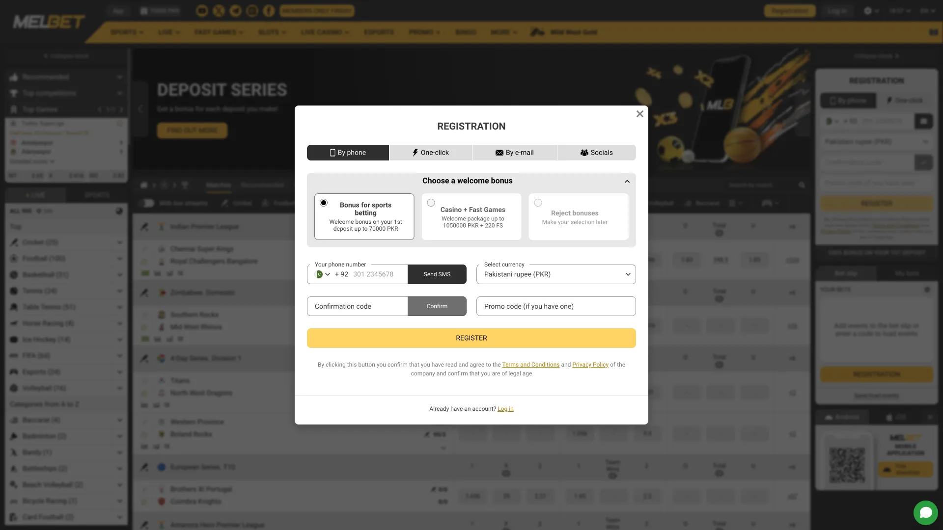 Melbet registration form for desktop, designed for quick account setup.