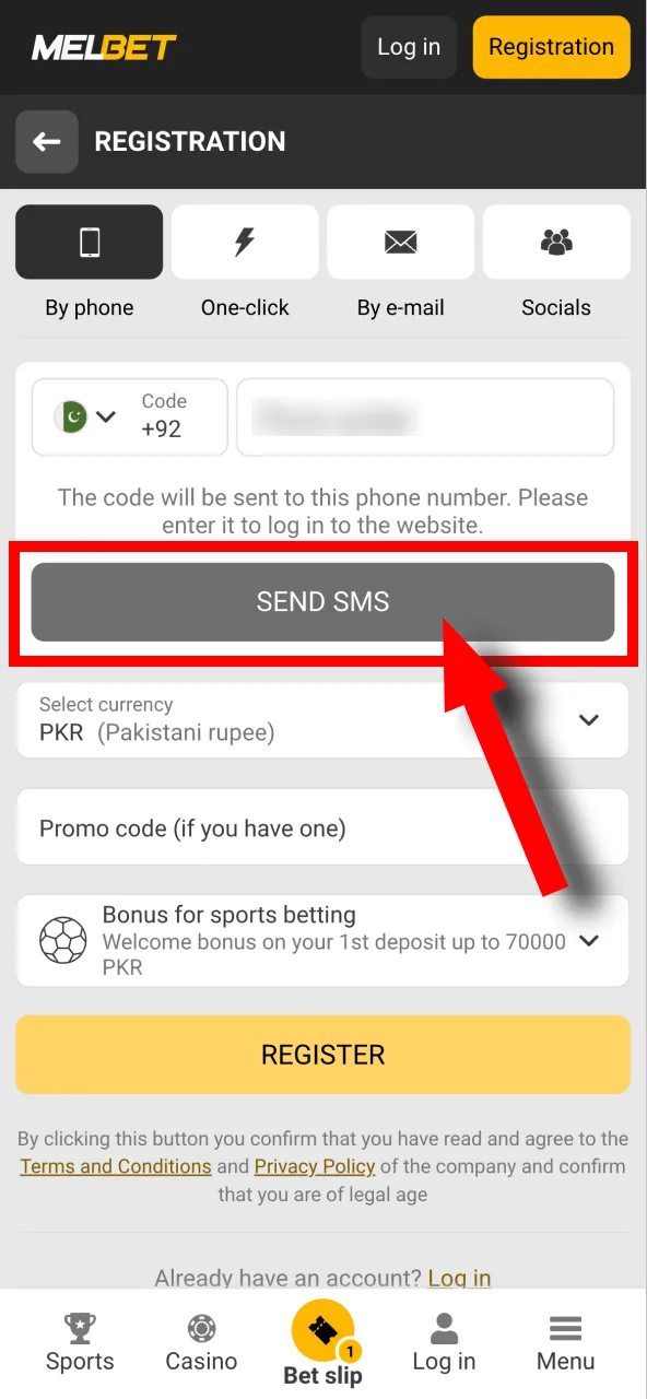 Complete the verification by solving the Captcha and submitting the code from the SMS on Melbet.