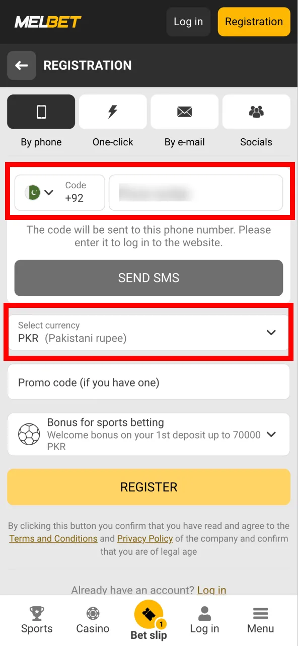 Input your phone number and pick PKR as the currency in the Melbet registration form.