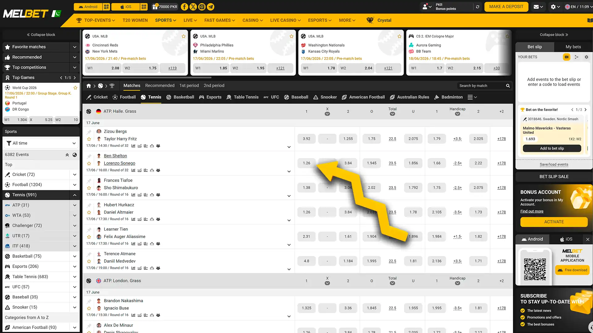 Choose your match and markets on the Melbet website.