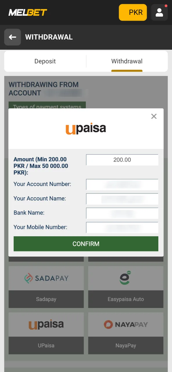 Input all the required details into the fields provided on the payment system page for Melbet.